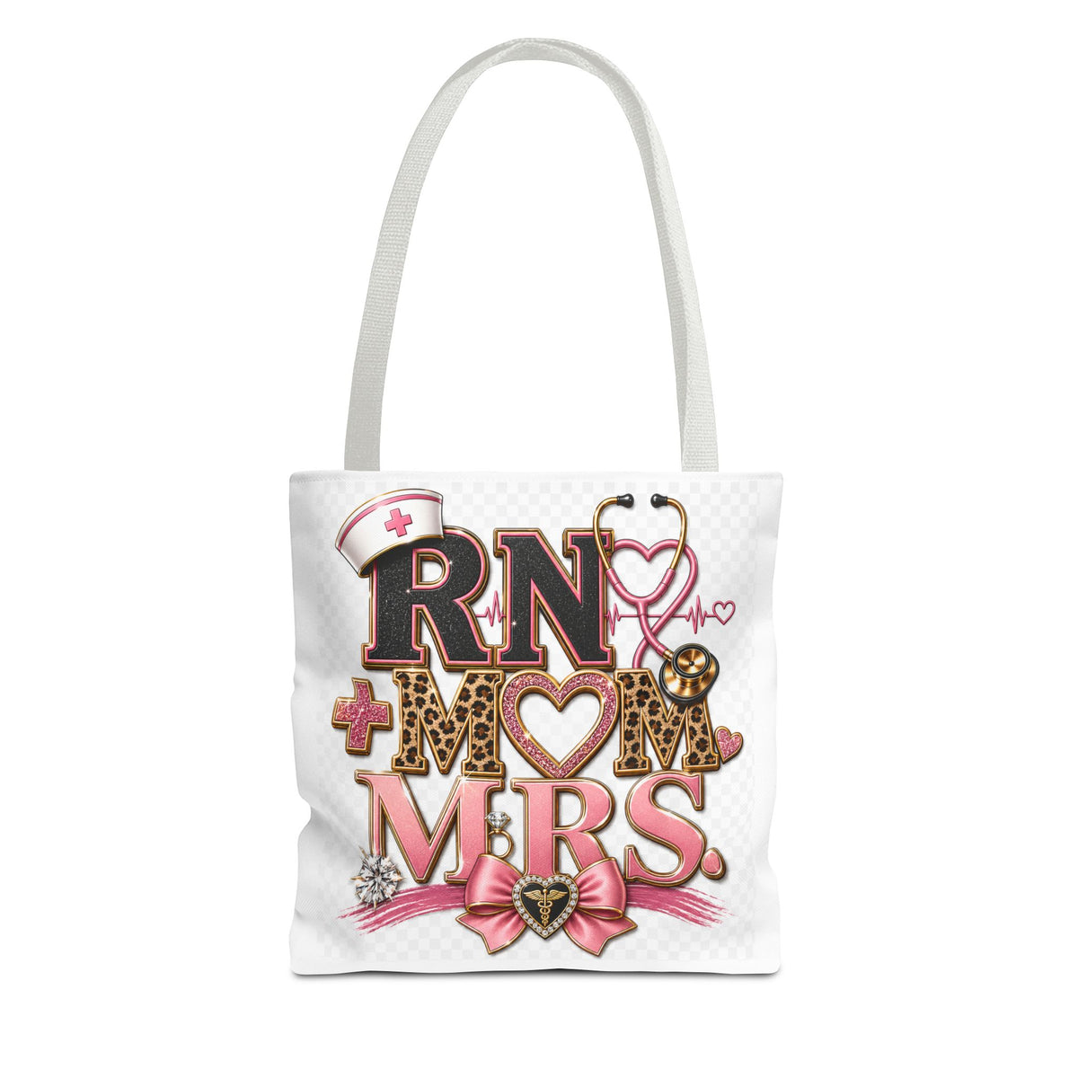 RN Mom Mrs. Tote Bag — Nurse Wife Gift, Leopard Pink Stethoscope Design