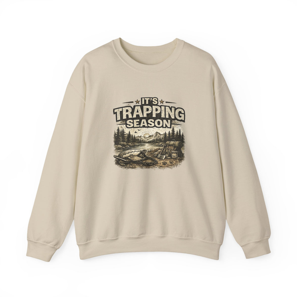 Crewneck Sweatshirt — "It's Trapping Season" Rustic Outdoor Graphic