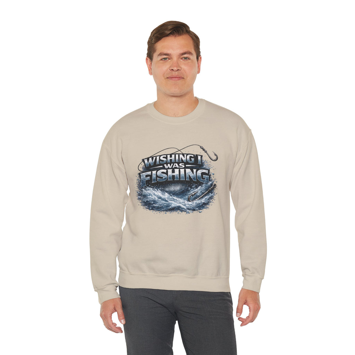 Fishing Crewneck Sweatshirt — "Wishing I Was Fishing" Graphic