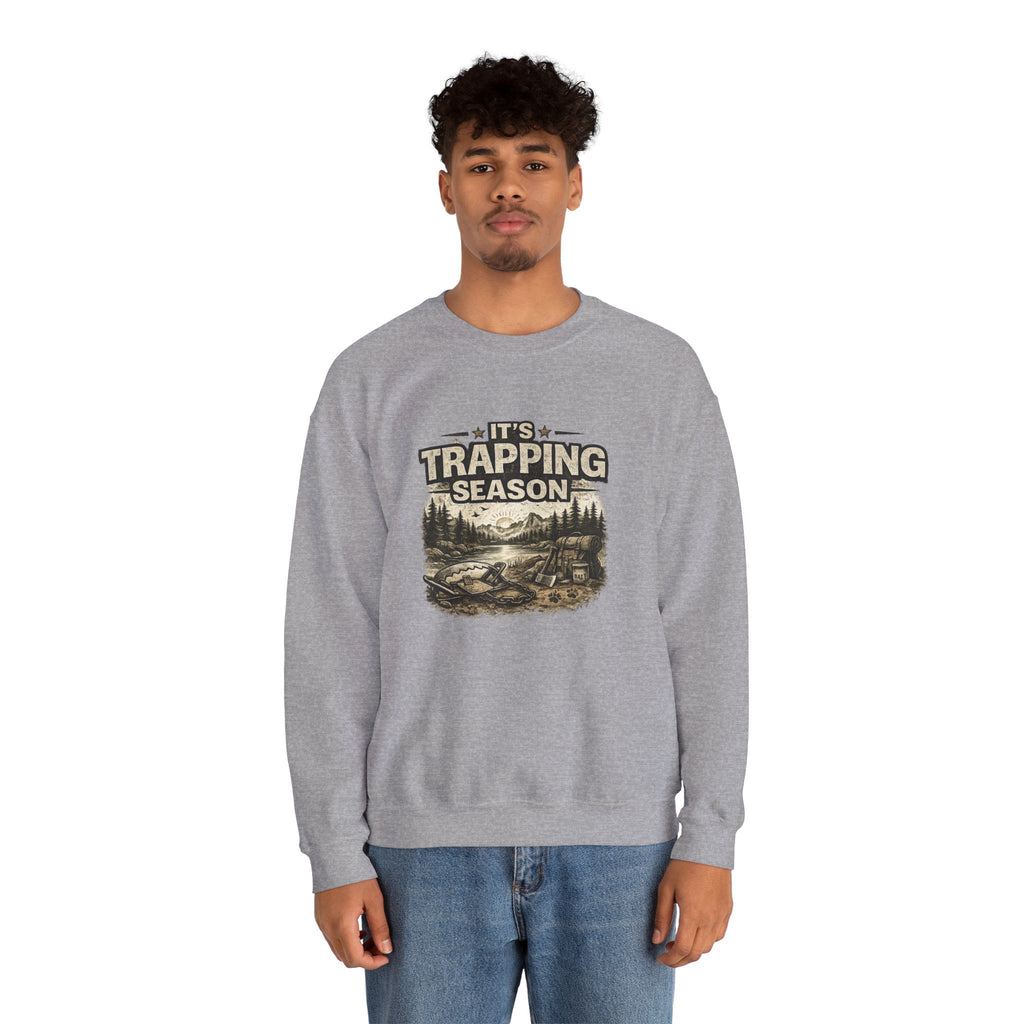 Crewneck Sweatshirt — "It's Trapping Season" Rustic Outdoor Graphic