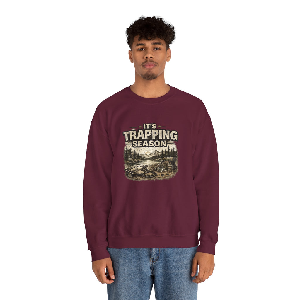 Crewneck Sweatshirt — "It's Trapping Season" Rustic Outdoor Graphic