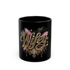 Wifey Glam Black Mug — Leopard Script with Feathers & Rhinestone Heart (11oz/15oz)