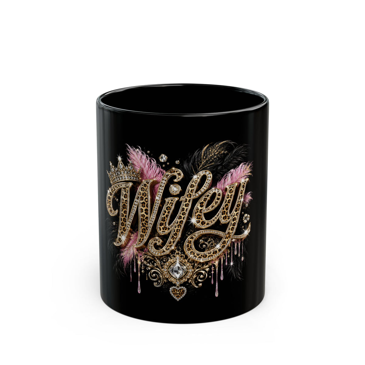 Wifey Glam Black Mug — Leopard Script with Feathers & Rhinestone Heart (11oz/15oz)