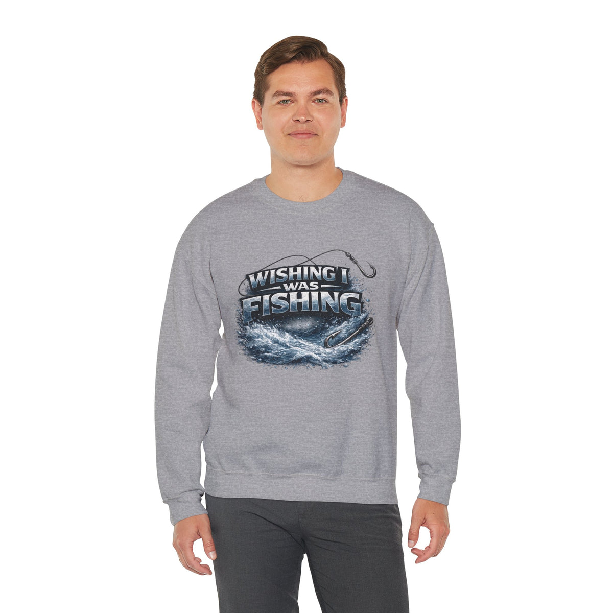 Fishing Crewneck Sweatshirt — "Wishing I Was Fishing" Graphic