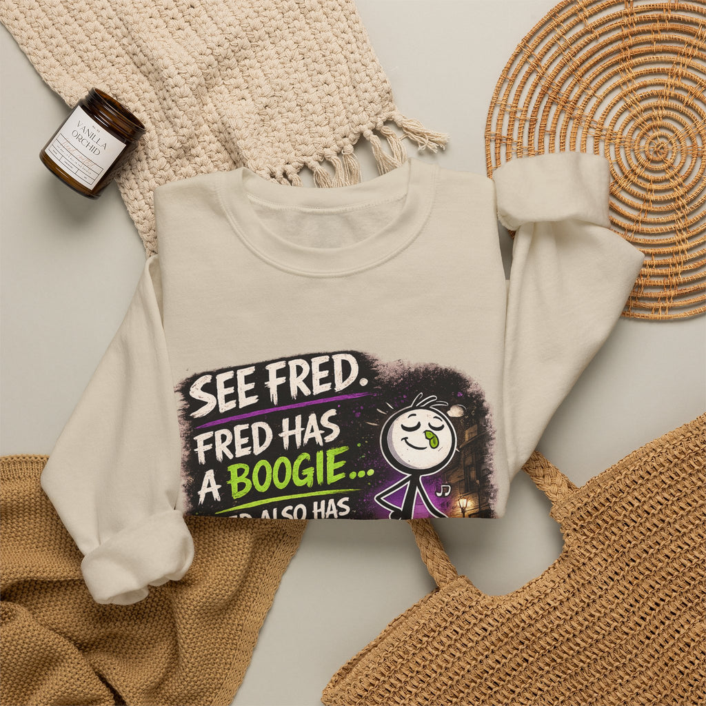 Funny Graphic Sweatshirt — "See Fred. Fred Has a Boogie... Fred Also Has No Friends"