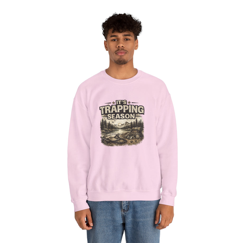Crewneck Sweatshirt — "It's Trapping Season" Rustic Outdoor Graphic