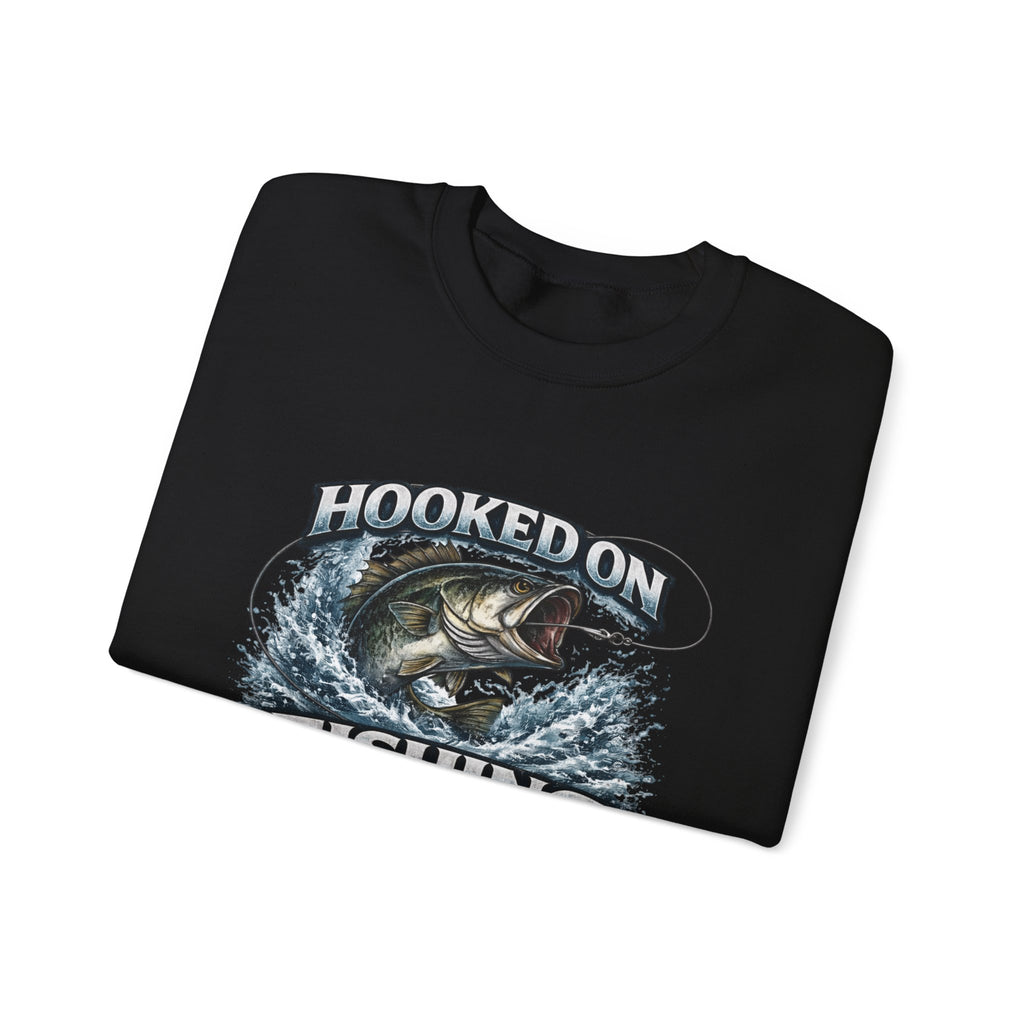 Fishing Sweatshirt — "Hooked on Fishing" Graphic Crewneck for Anglers