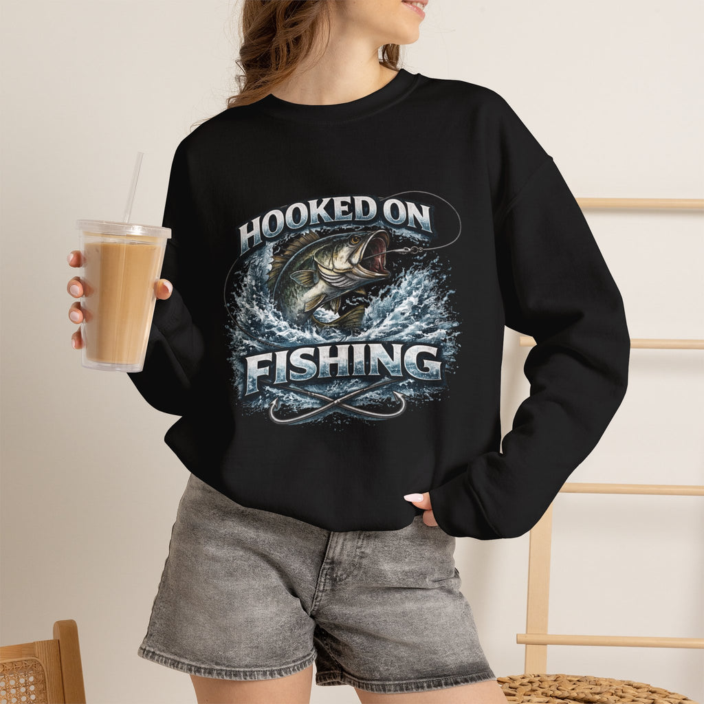 Fishing Sweatshirt — "Hooked on Fishing" Graphic Crewneck for Anglers