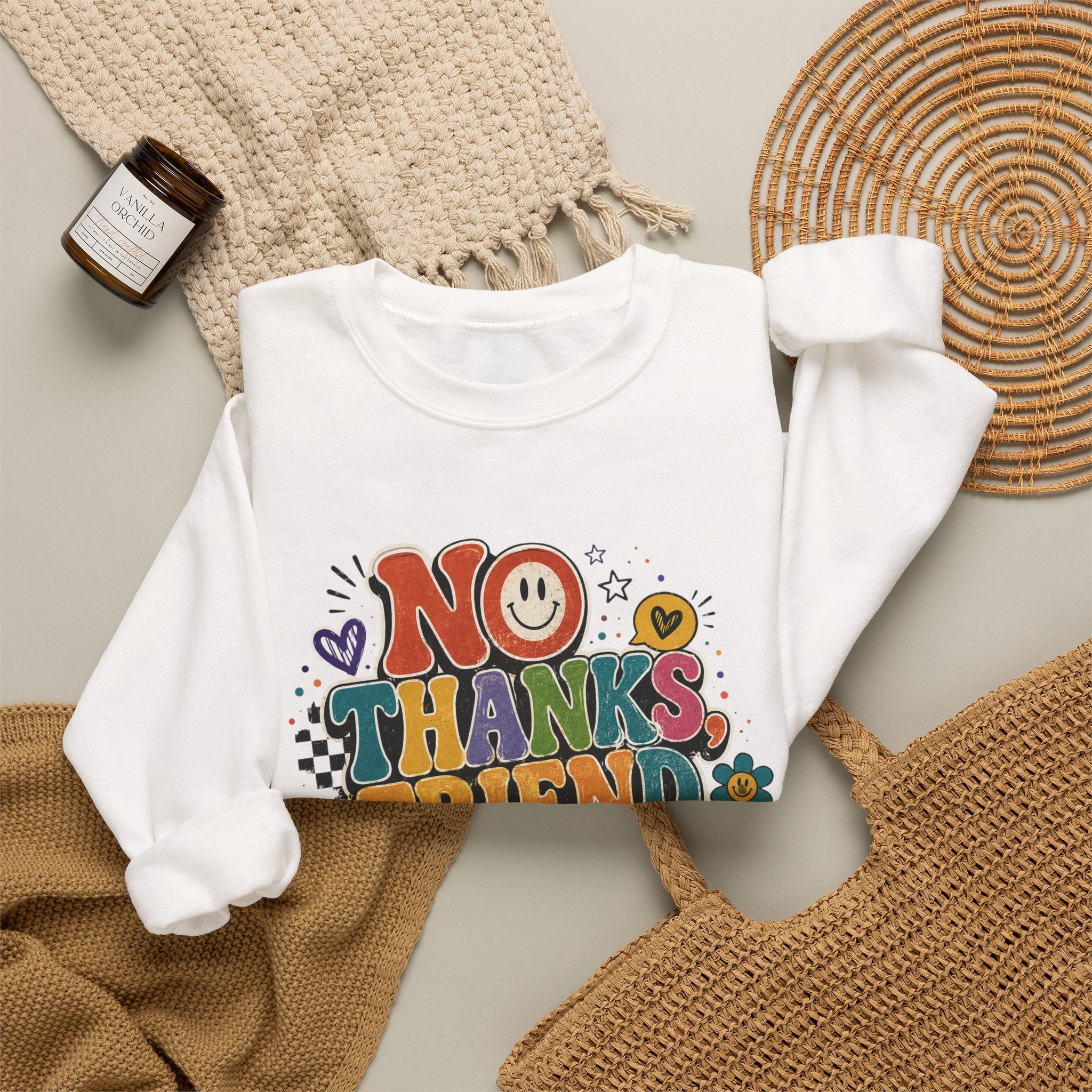 No Thanks Friend Sweatshirt — Retro Floral Graphic Crewneck