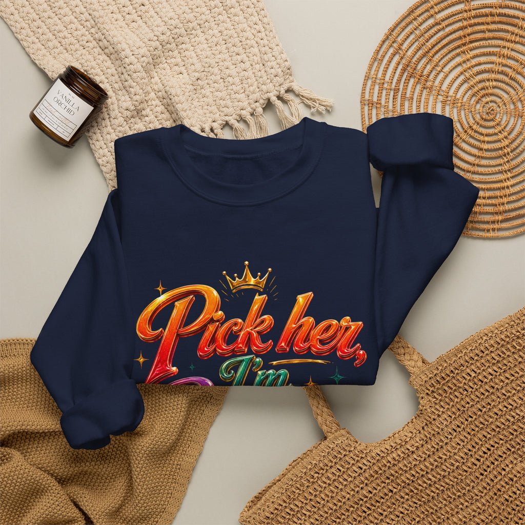 Crewneck Sweatshirt — "Pick Her, I’m Busy" Bold Script Graphic