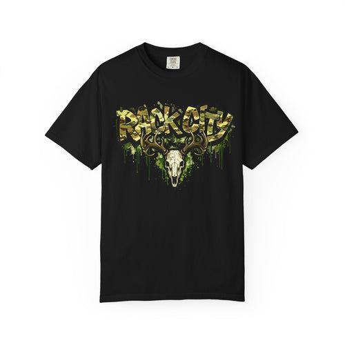 Buck City Graphic T‑Shirt — Deer Skull Camo Streetwear