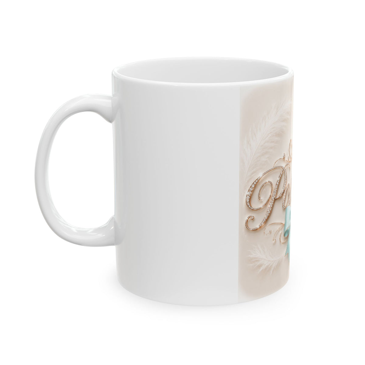 Polished Ceramic Mug — Elegant Script & Teal Bow Coffee Cup (11oz, 15oz)