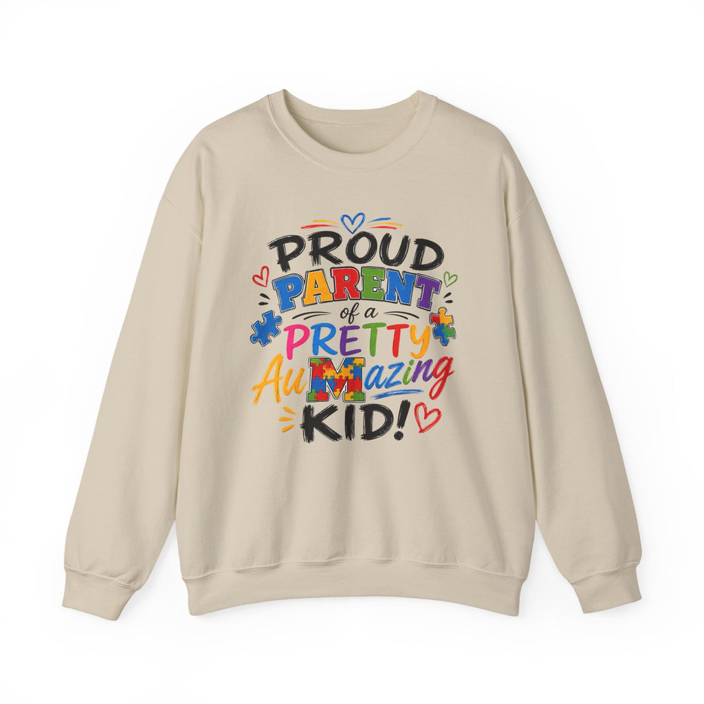 Crewneck Sweatshirt — "Proud Parent of a Pretty Amazing Autistic Kid" Colorful Autism Awareness Design
