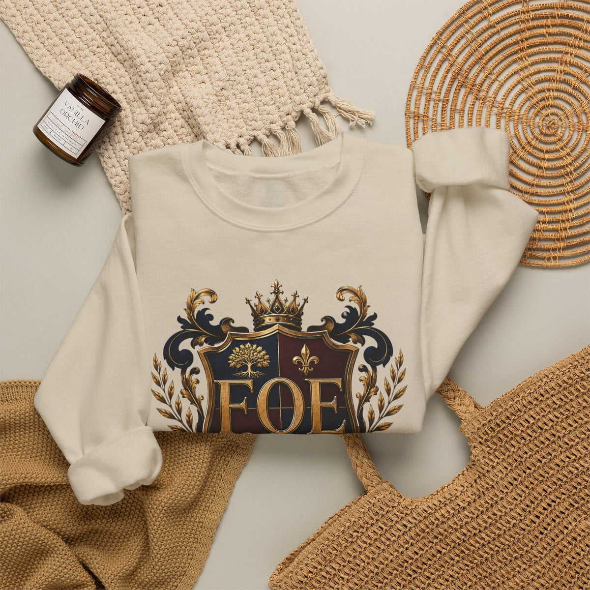 FOE Family Crest Crewneck Sweatshirt — Vintage Heraldic Logo Pullover