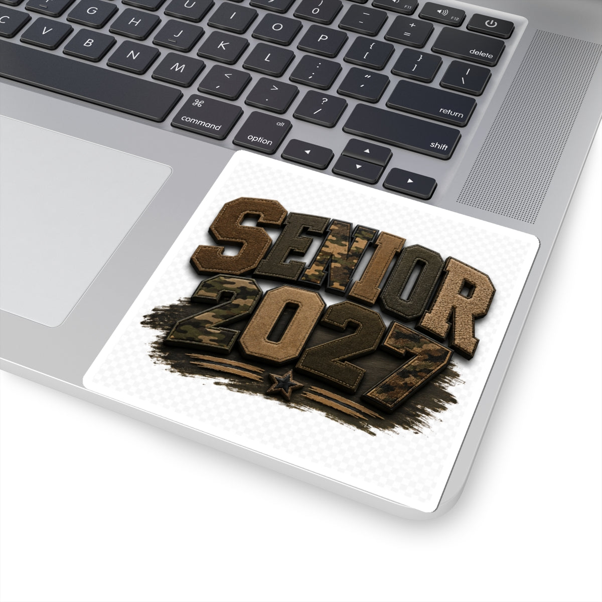 Senior 2027 Camo Patch Sticker — Military-Inspired Graduation Kiss-Cut