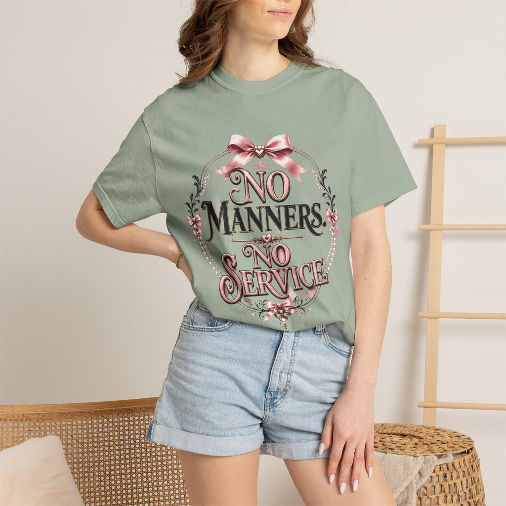 No Manners No Service T-Shirt — Vintage Pink Victorian Script Tee
