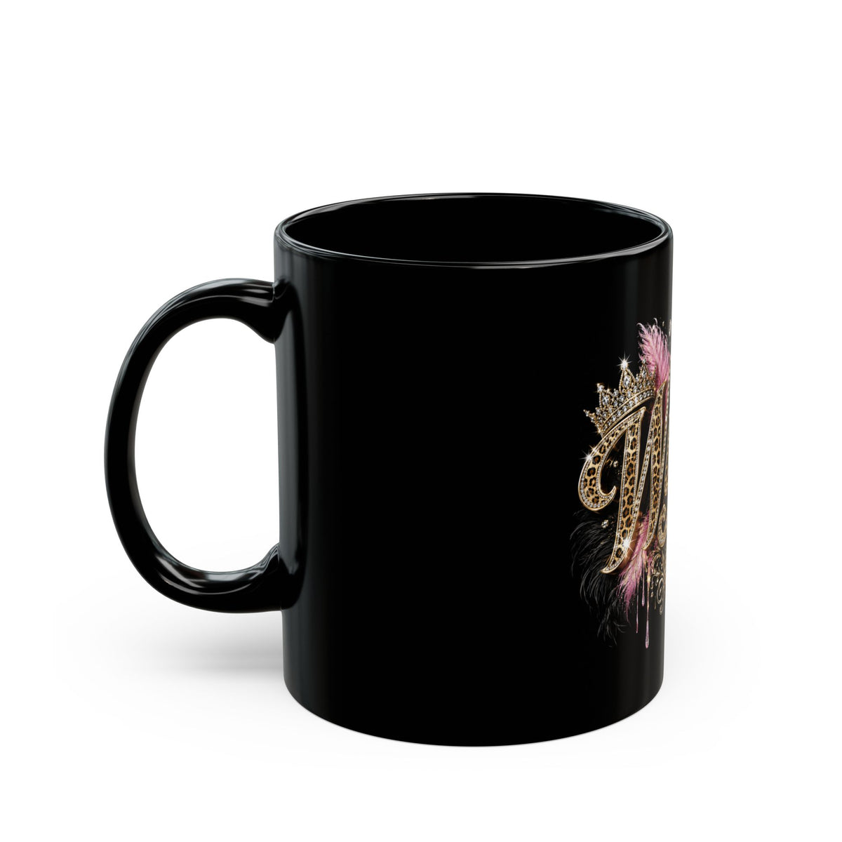 Wifey Glam Black Mug — Leopard Script with Feathers & Rhinestone Heart (11oz/15oz)