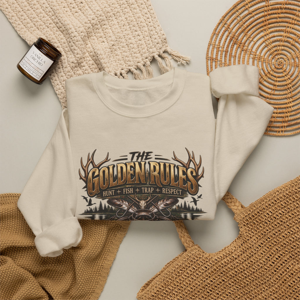 Crewneck Sweatshirt — "The Golden Rules" Rustic Outdoor Graphic