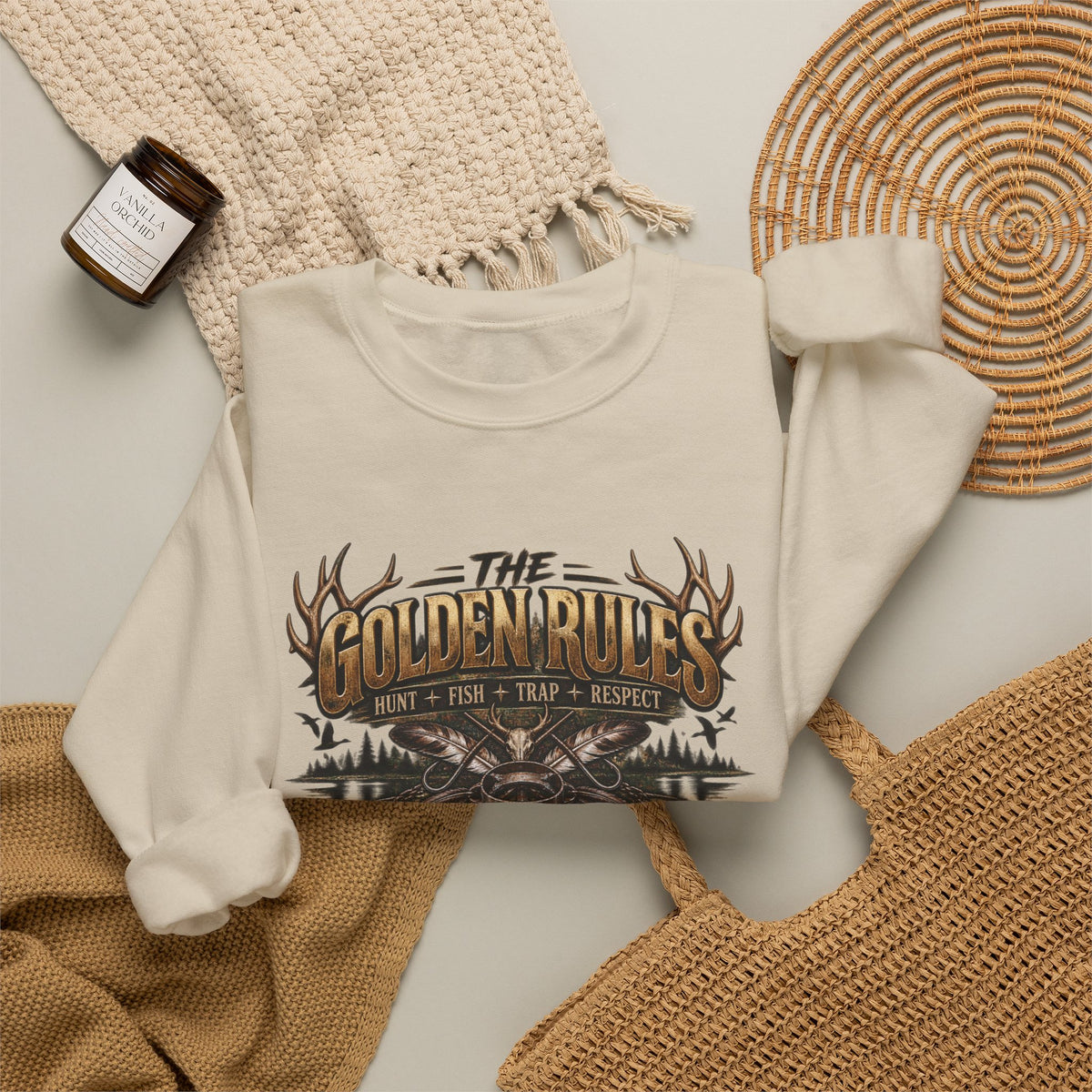 Crewneck Sweatshirt — "The Golden Rules" Rustic Outdoor Graphic
