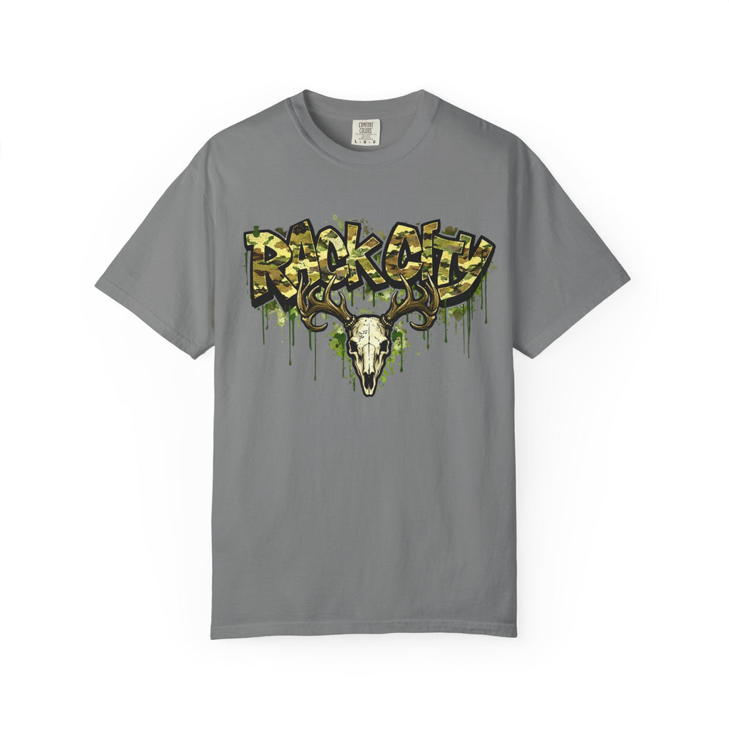 Buck City Graphic T‑Shirt — Deer Skull Camo Streetwear