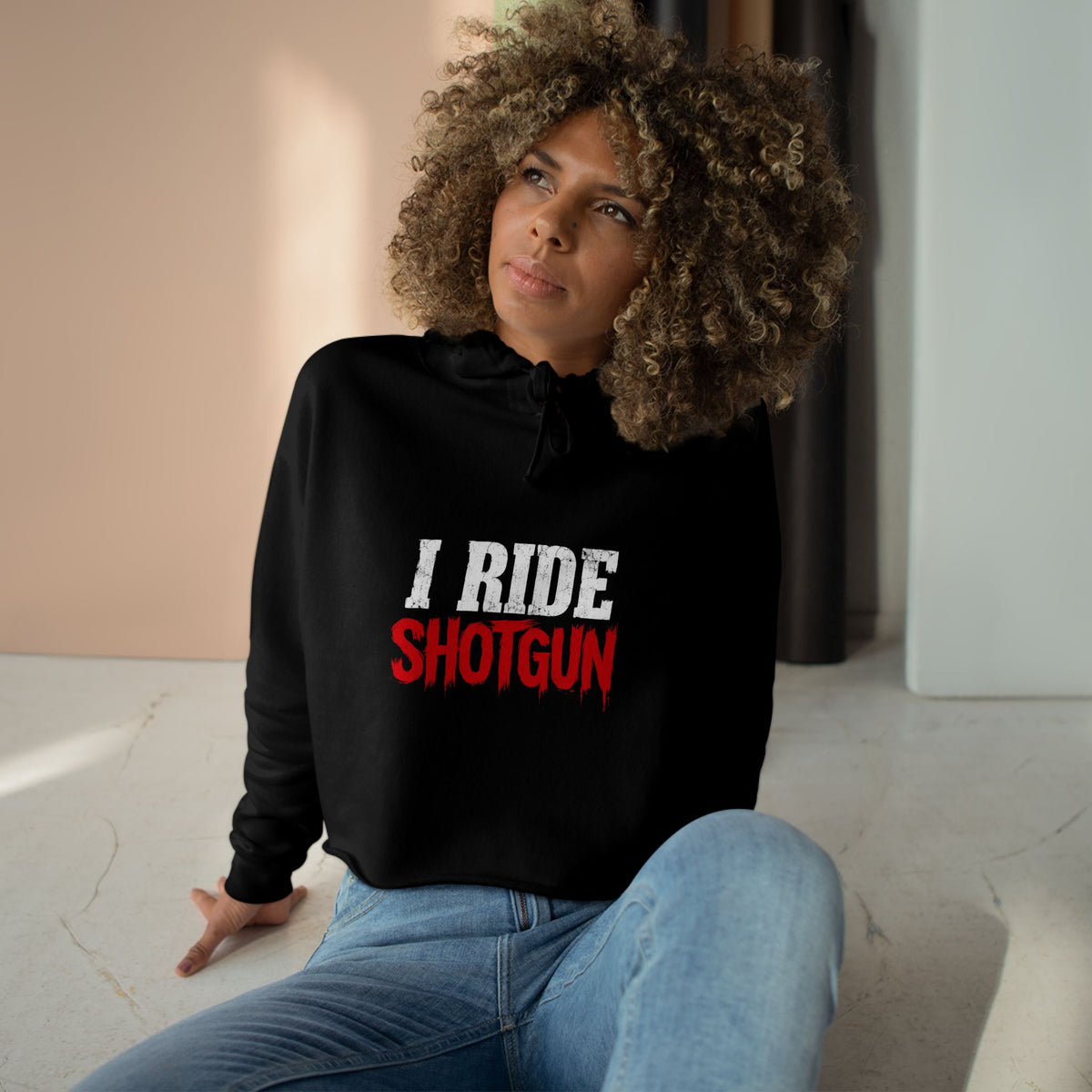 I Ride Shotgun Cropped Hoodie — Women's Black Crop Hooded Sweatshirt with Bold Text
