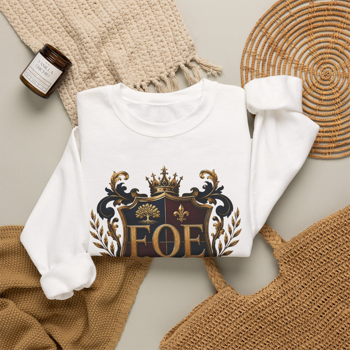 FOE Family Crest Crewneck Sweatshirt — Vintage Heraldic Logo Pullover