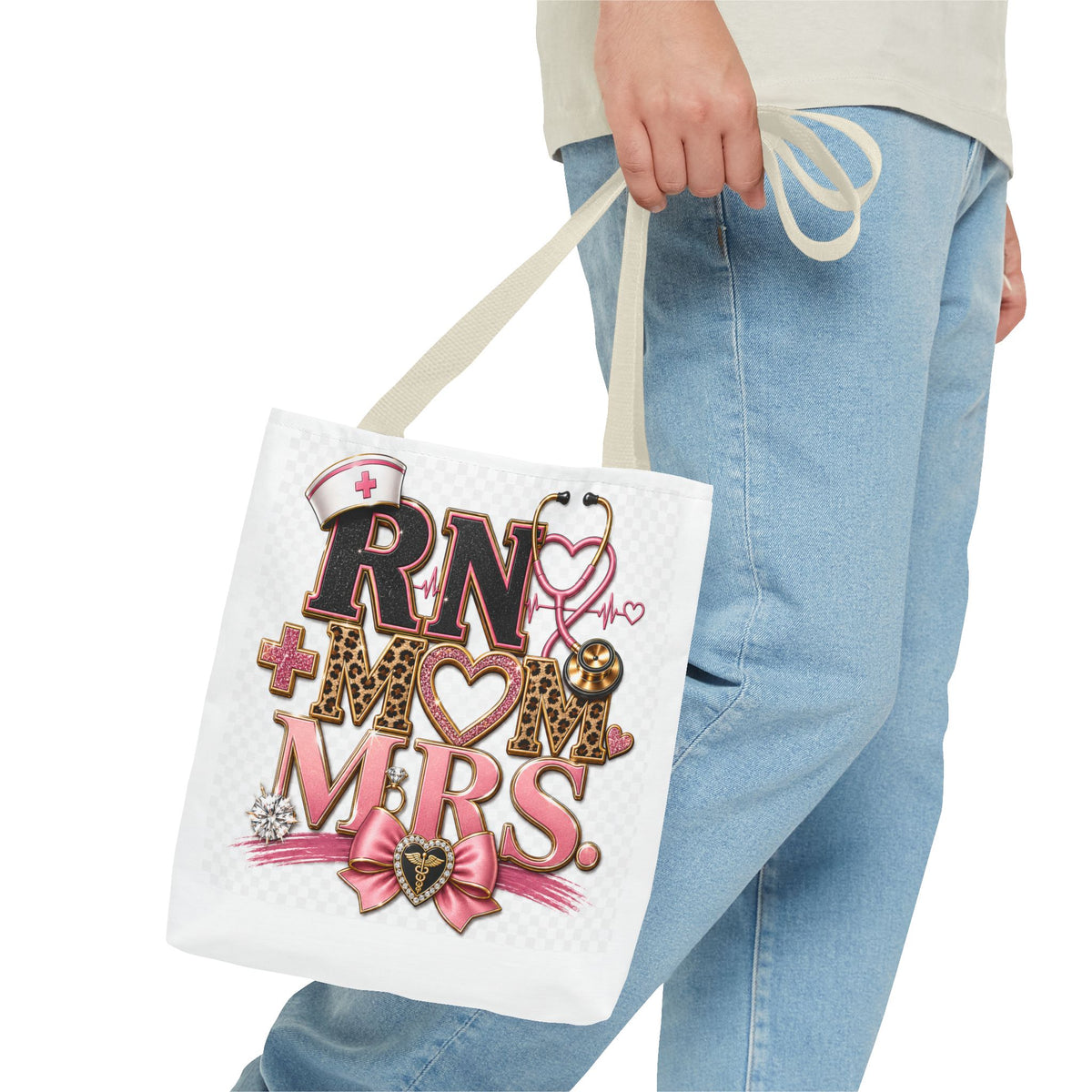 RN Mom Mrs. Tote Bag — Nurse Wife Gift, Leopard Pink Stethoscope Design