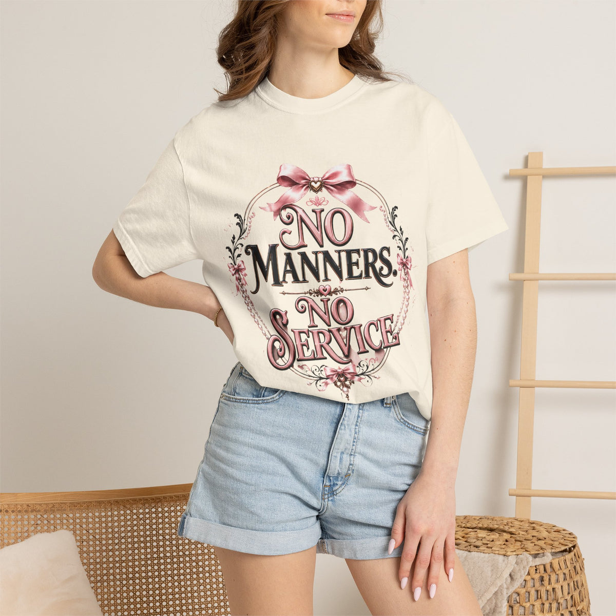 No Manners No Service T-Shirt — Vintage Pink Victorian Script Tee