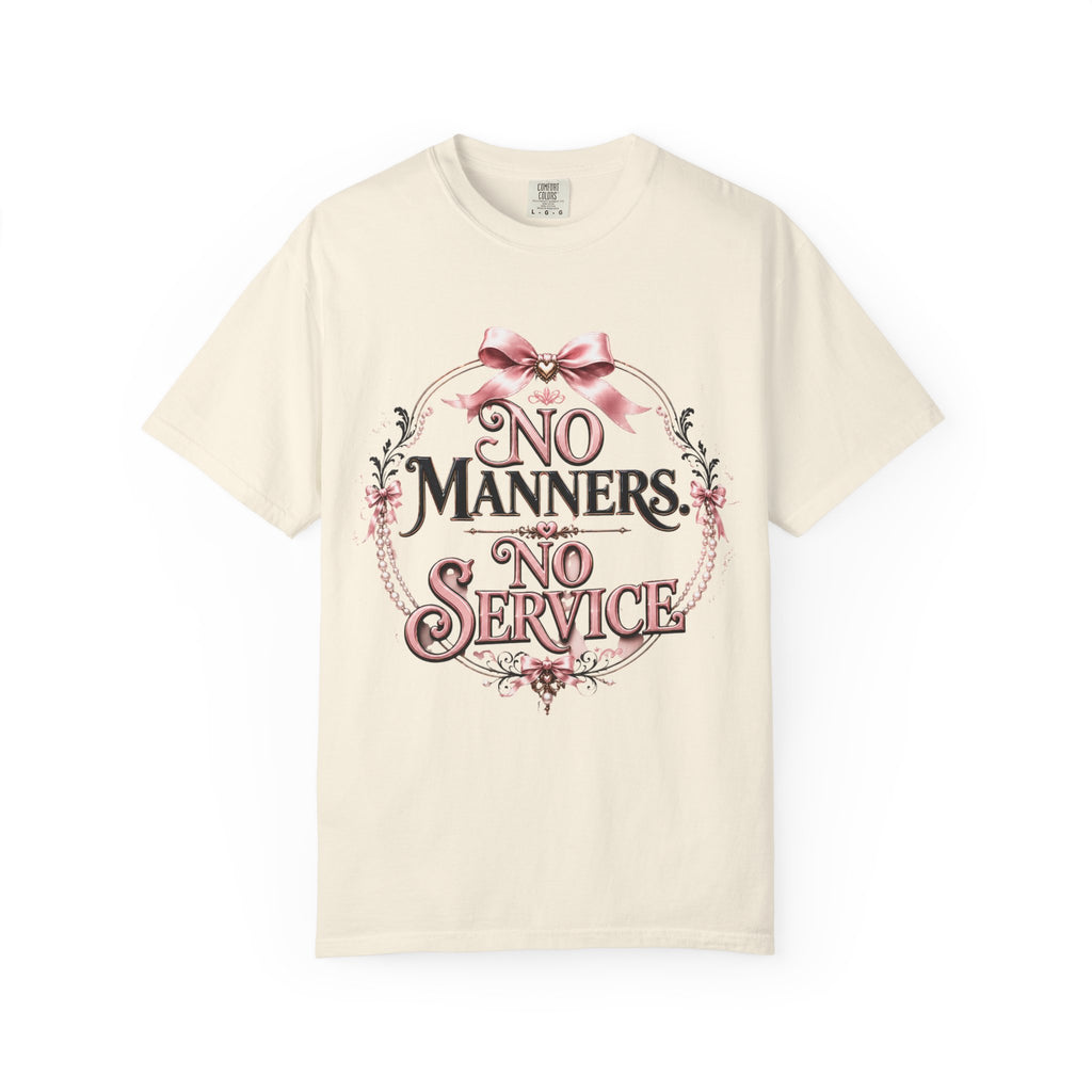 No Manners No Service T-Shirt — Vintage Pink Victorian Script Tee