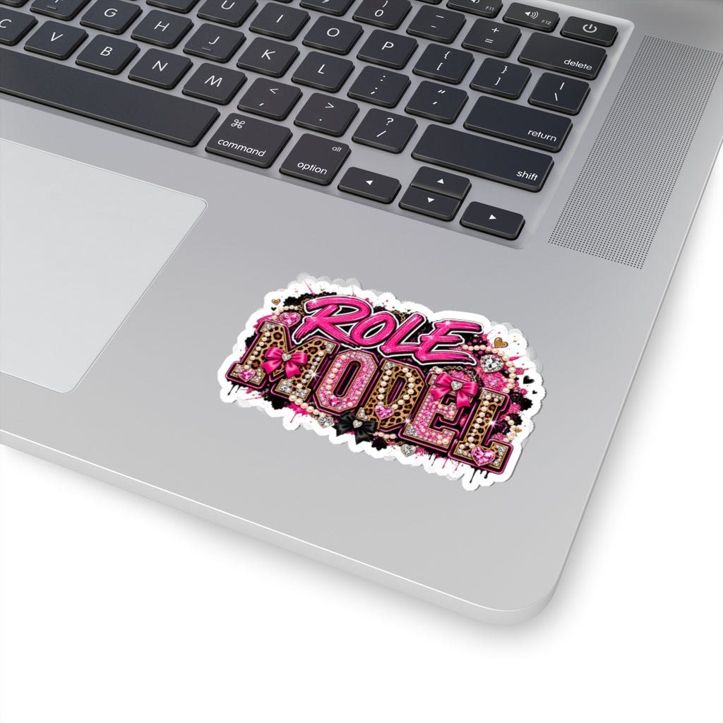 Role Model Kiss-Cut Sticker — Sparkly Pink Leopard Bow Design