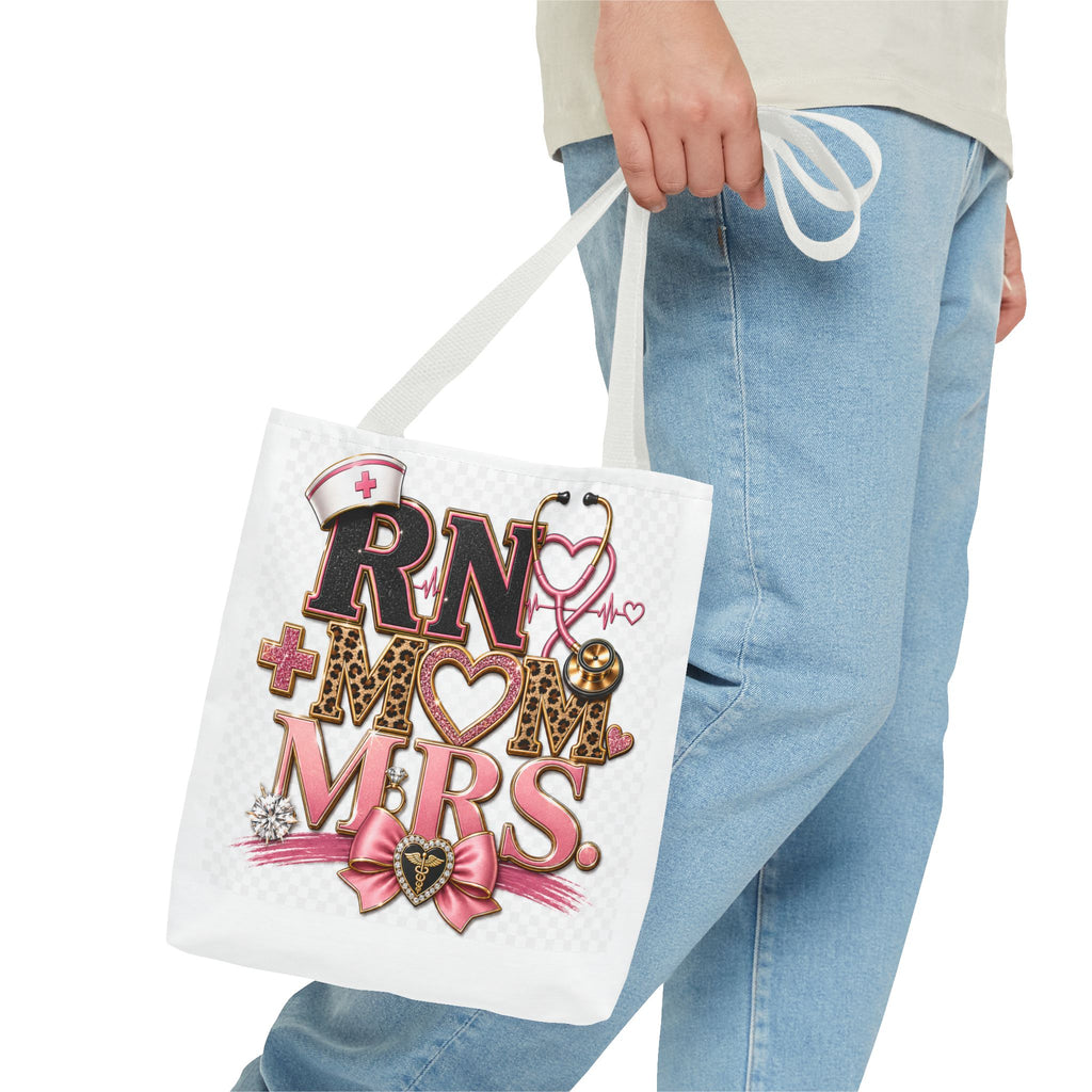 RN Mom Mrs. Tote Bag — Nurse Wife Gift, Leopard Pink Stethoscope Design