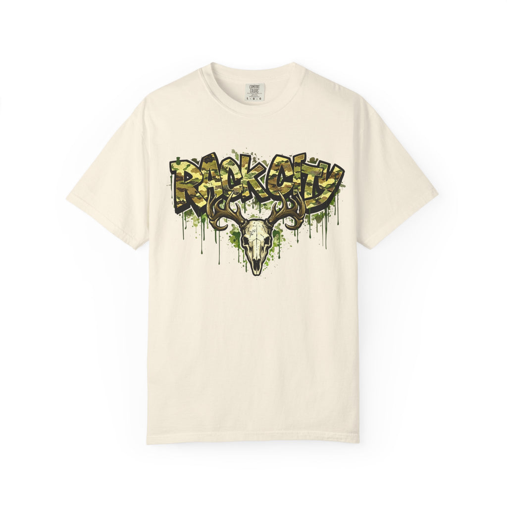 Buck City Graphic T‑Shirt — Deer Skull Camo Streetwear